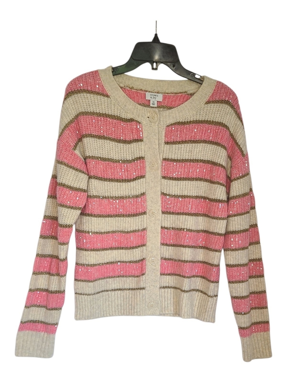 Crown & Ivy Pink Cream Striped Sequin Cardigan Sweater Gold Trim XS